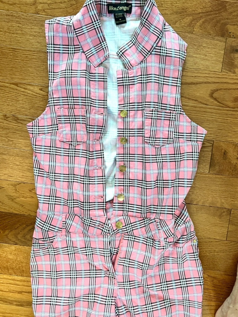 Like an Angel,Pink Plaid Sleeveless,Belt Loops,Jumpsuit,Button-Front,EUC,Size M - Picture 2 of 10